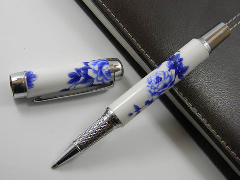 Ceramic Blue and White porcelain  Chinese Painting peony  Flower  Silver Trim Metal Rollerball Pen