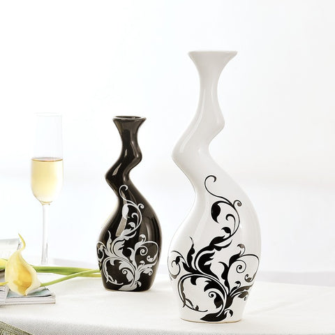 1 pair Home Furnishing modern decoration/ black and white color decoration pottery twisted vases with flower pattern